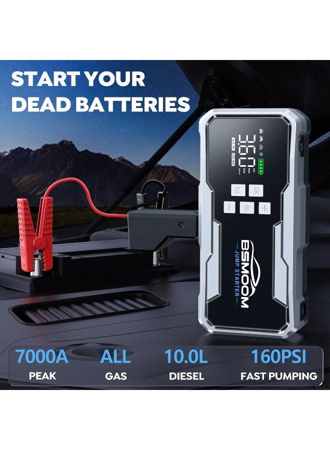 BSMOOM Jump Starter with Air Compressor 7000A 160PSI Portable Car Battery Jump Starter (All Gas/10L Diesel),12V Portable Booster Pack with Jumper Cables, Fast Charging, Emergency Light - Image 2